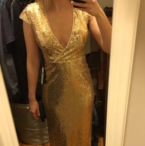 Deep V-Neck Light Gold Sequin Gown